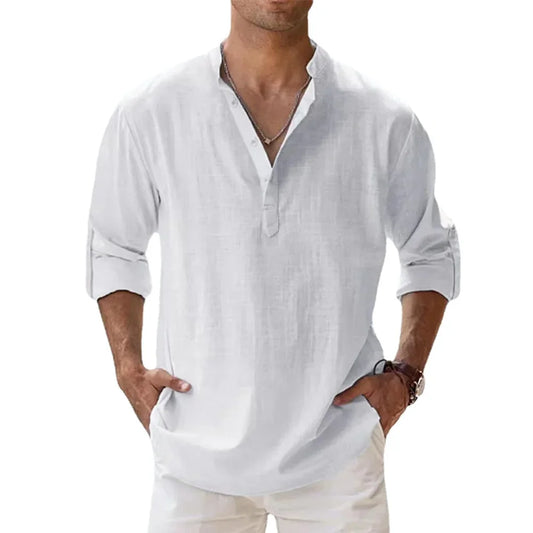 Cotton Linen Hot Sale Men's Short-Sleeved Shirts.  Summer Solid Colors Henley Collar Casual Beach Style Hawaiian Vacation