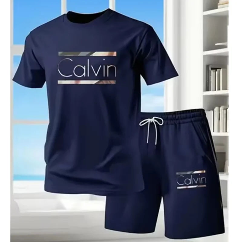 Fashion Casual T-shirt and Shorts,  Two-piece Set,  3D Letter Printing on  Men's Summer Outdoor Wear