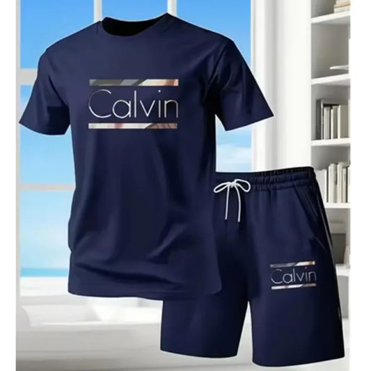 Fashion Casual T-shirt and Shorts,  Two-piece Set,  3D Letter Printing on  Men's Summer Outdoor Wear