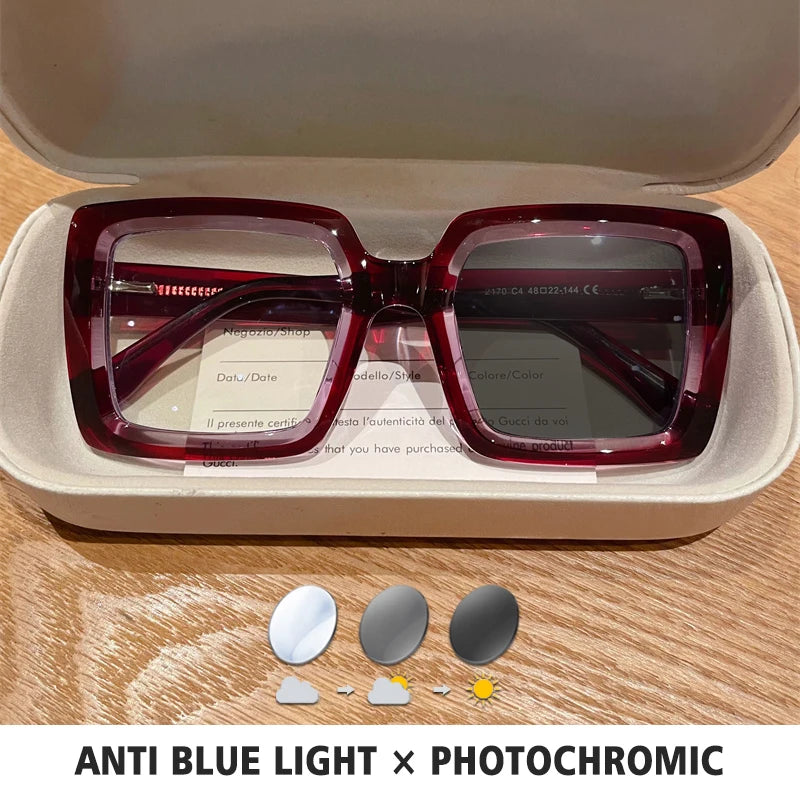Square, Photochromic,  Blue-Light Blocking, Large Frame Eyeglasses, Reading Glasses Ladies Prescription Myopia Glasses