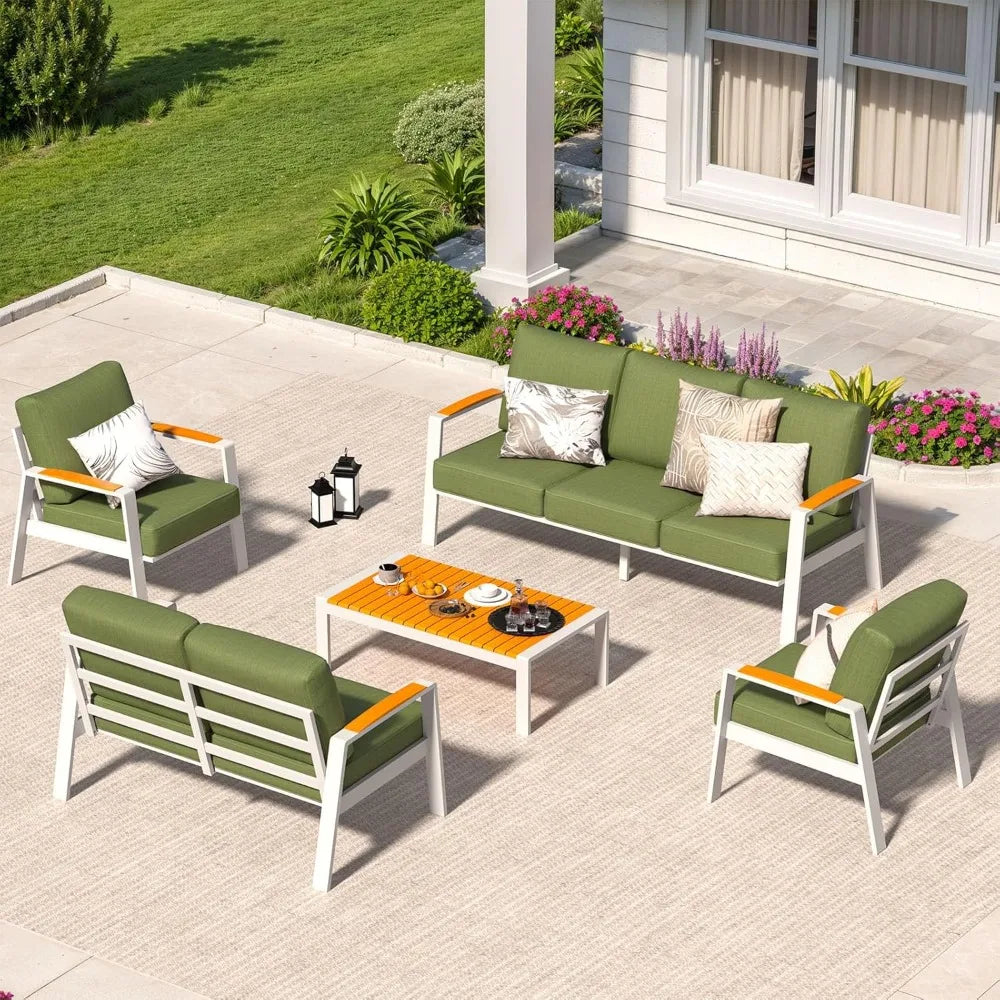 Outdoor Couch,  Aluminum Patio Furniture Set,  All-Weather Metal 3-Seat Sofa with Solid Teak Armrest and Thick Cushions,
