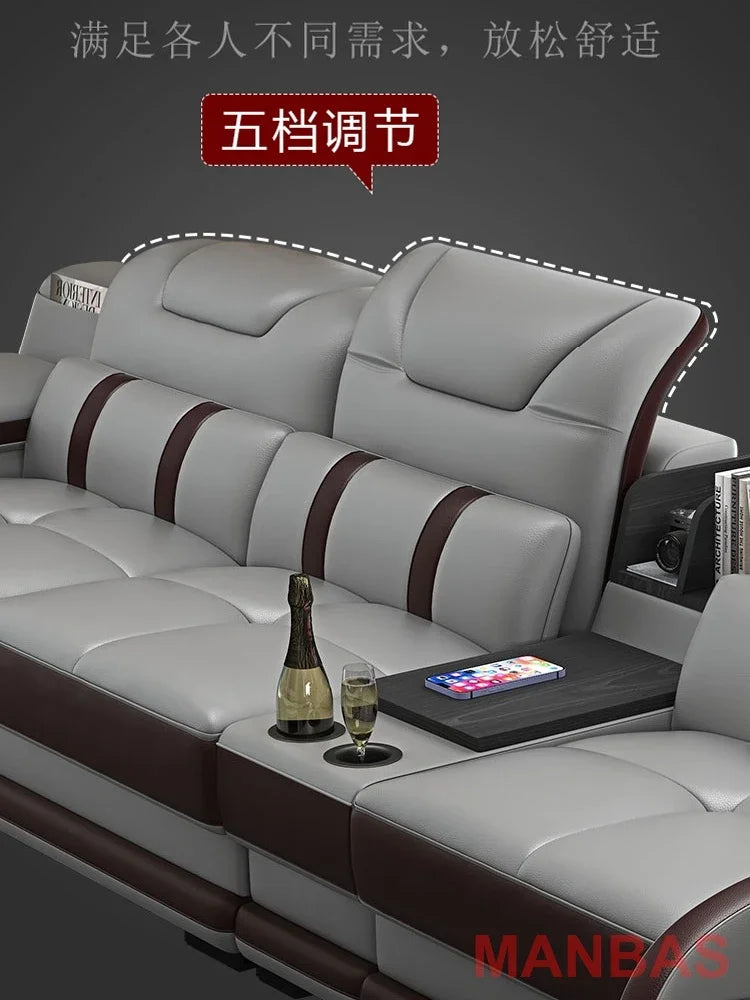 Linlamlim Italian Genuine Leather Sectional Sofa with Bluetooth, Speaker, Functional Headrest, Massage Chaise | Big Corner Couch
