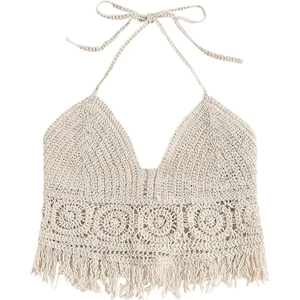 Women's Boho Fringe Backless Halter  with Tie Neck. Underwear /Outerwear with Neck Hanging Embroidery Tassel Suspender Short Tank WHITE is all gone.  Good stock  numbers on BEIGE Color.