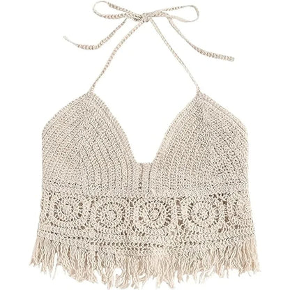 Women's Boho Fringe Backless Halter  with Tie Neck. Underwear /Outerwear with Neck Hanging Embroidery Tassel Suspender Short Tank WHITE is all gone.  Good stock  numbers on BEIGE Color.