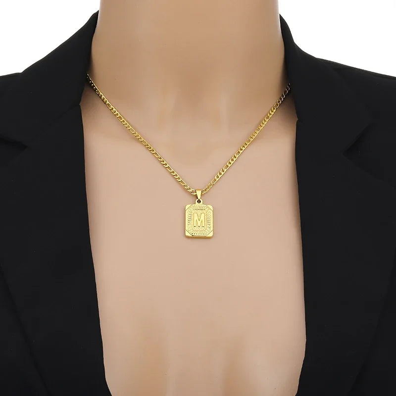 Initial Pendant Necklace for Women/MEN.  Simple Stainless Steel Cuba Link Charm.  Letter Square Neckla Jewelry 
MATHCING  Giftts