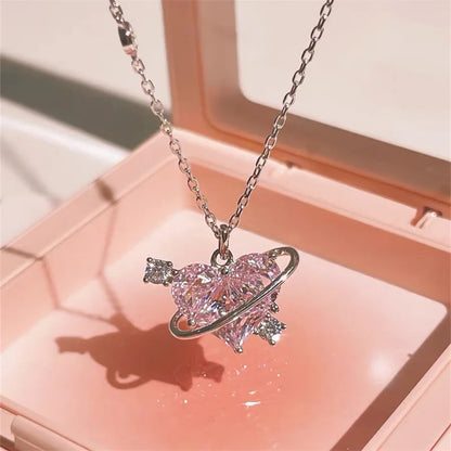 Pink Planet Heart Zircon Pendant Necklaces/ Women Fashion Aesthetic Clavicle Chain. Perfect Gift for MOTHERS DAY, Valentines Day, any special occasion