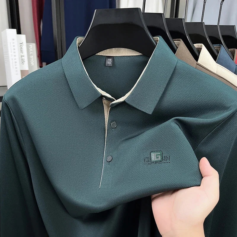 2026 Men's Business Casual Long Sleeved Shirt with Badge,   Solid Colors  of Polo Shirts.   Fashionable, Comfortable, Versatile. Nice Colors.