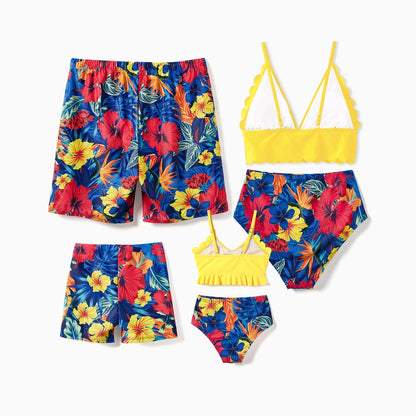 Family Matching Swimwear Set, Floral Design, Fabric Stitching, Medium Thickness