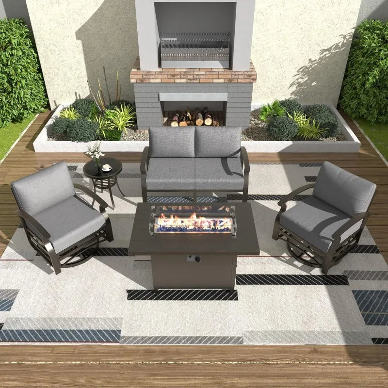 Aluminum Patio Furniture Set,  4-Seat Modern Metal Outdoor Conversation Sets w/45in Propane Fire Pit Table, Loveseat Sofa