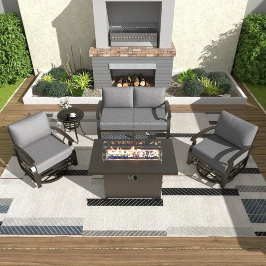Aluminum Patio Furniture Set,  4-Seat Modern Metal Outdoor Conversation Sets w/45in Propane Fire Pit Table, Loveseat Sofa