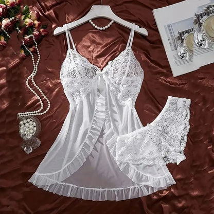 Tulle Ultra Sexy Nightgown,  V-neck Bra, Open Sleep Skirt, Womans Sheer  Lingerie  with Thong