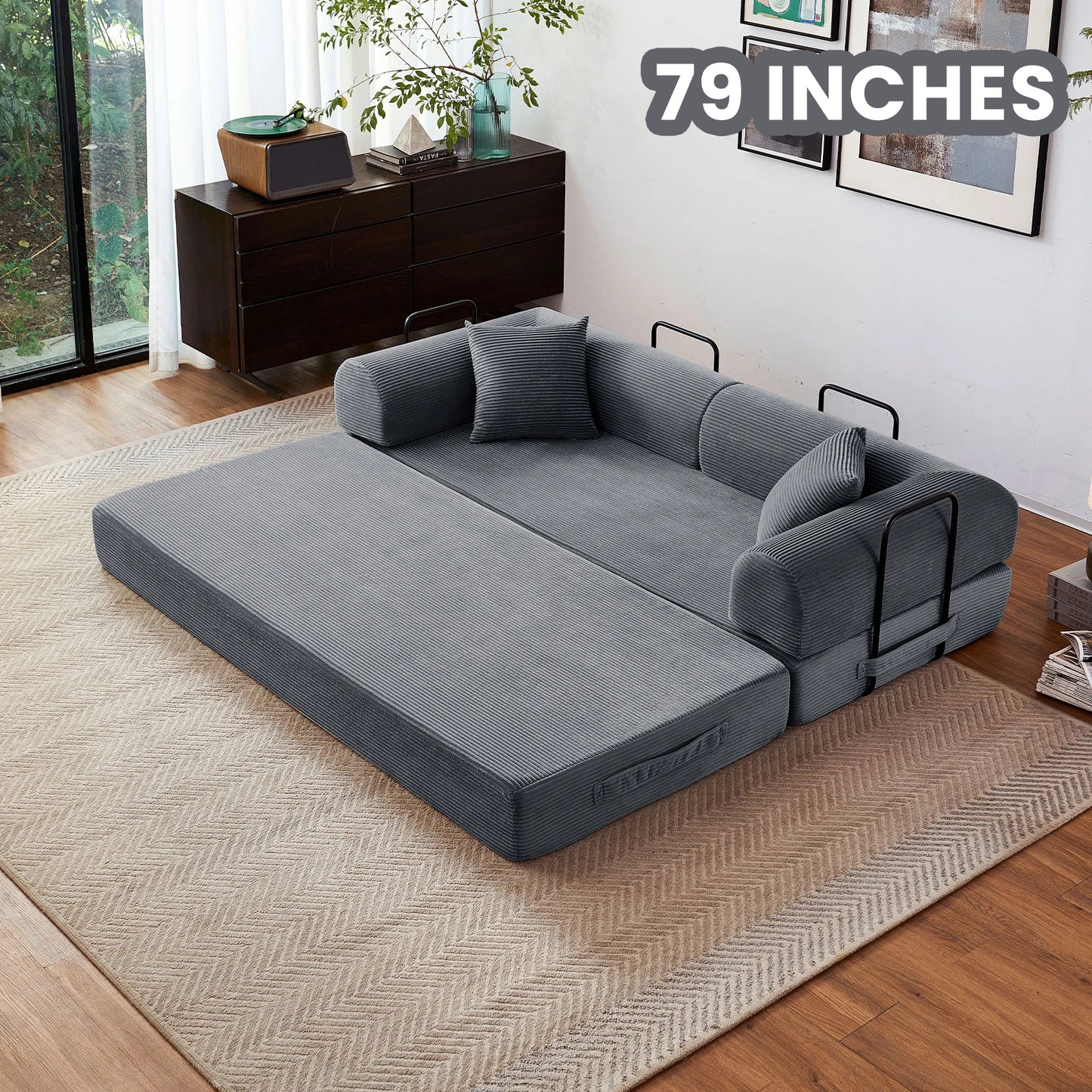 79'' Boneless Couch Foldable Convertible Futon Sleeper Sofa Bed,  Floor Lounge with L-Shaped Armrests for Living Room Sofas