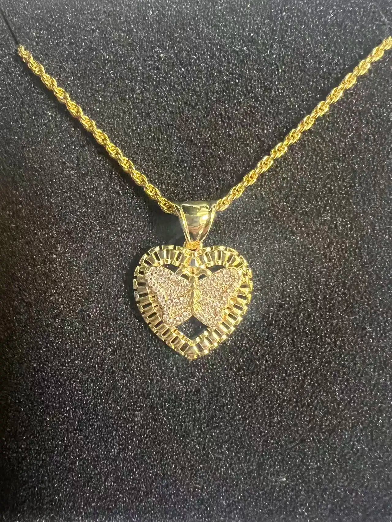 18K Gold Filled Rope Chain Necklace Nugget Heart Pendant