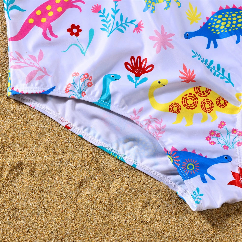 Dinosaurs Swimwear,  Matching  Family Swimwear with V-Neck Mother /Daughter Swimsuits Mommy and Me Dresses Clothes Father /Son Swim Shorts