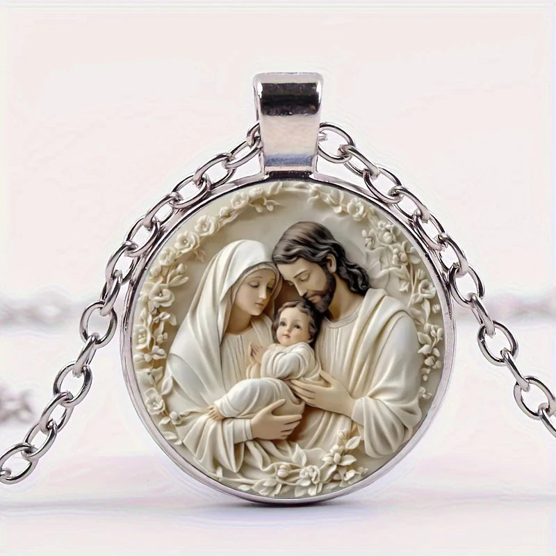The Holy Family Glass Pendant Necklace,  Catholic Saint Joseph,  Virgin Mary,  Jesus Necklace