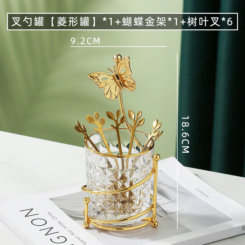 Stainless Steel Fruit Fork Spoon Set Tableware Storage Rack Golden Butterfly Cup Holder Home Dessert Cake Fork Home Decoration