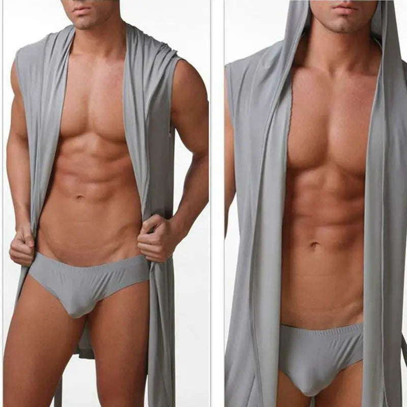 Men's Pajamas,  Sleeveless,  Oversized,  Silky,  Male Pajamas.   Hooded Bathrobe and Ultra-thin Homewear,  Bath Robe