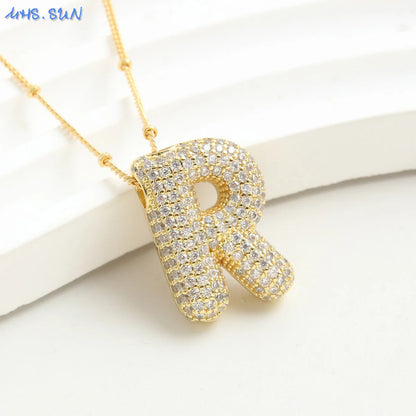 MHS.SUN Gold Plated Balloon 26 Letter Necklaces Copper Zircon Bubble Initial Pendant Chunky Women Personality Chain Jewelry