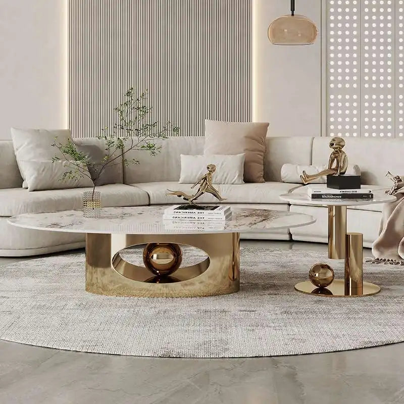 Modern Marble Effect Coffee Tables, Luxury Legs  of  Metal.  Nordic Oval Side Table White Premium Table, Home Furniture