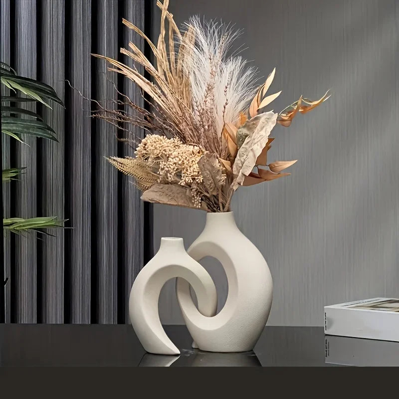 Hollow Nordic Modern  Vase Set of 2 for Modern Home Decor,Plastic imitation ceramic Hollow Flower Vases for Living Room