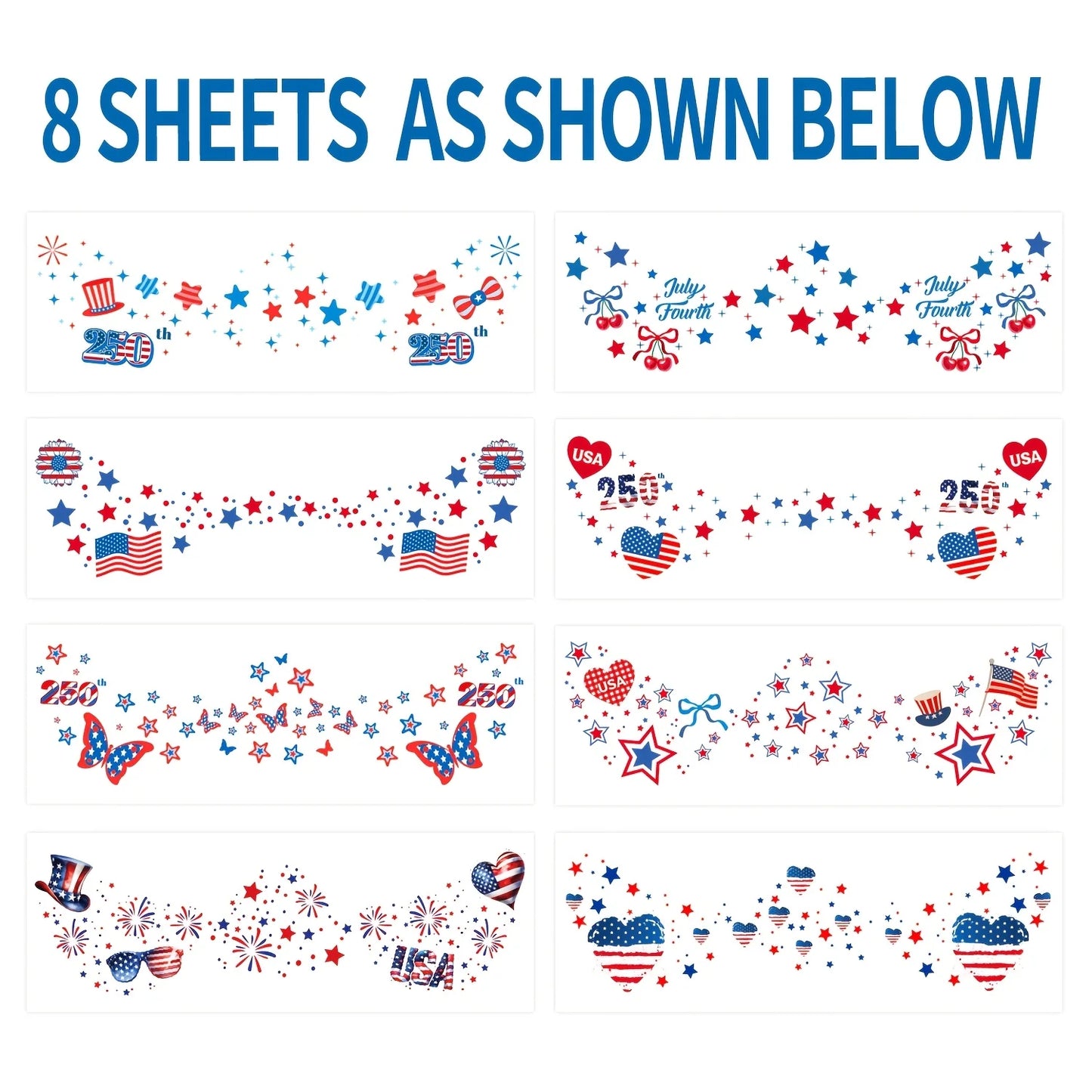 8pcs 250th Anniversary 4th of July Freckles Tattoos Red White Blue Patriotic Face Stickers fo Memorial Day, Veterans Day, Independence Day Party Favors