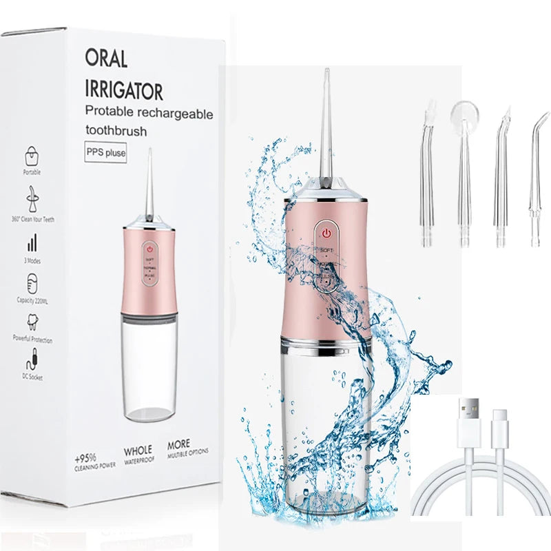 USB Portable Oral Irrigator,  Water Flosser,  Dental Water Jet Tools, Pick Cleaning Teeth 200ML,  4 Nozzles for Mouth Oral Cleaning