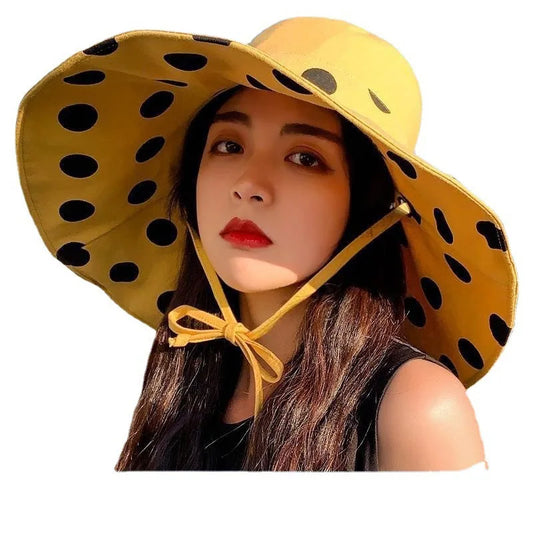 1pc Polka Dot Ribbonbucket Hat for Women, Large Wide Brim Summer Sun Hat,  Breathable Sunscreen Visor Cap for Beach, Sun,  Travel