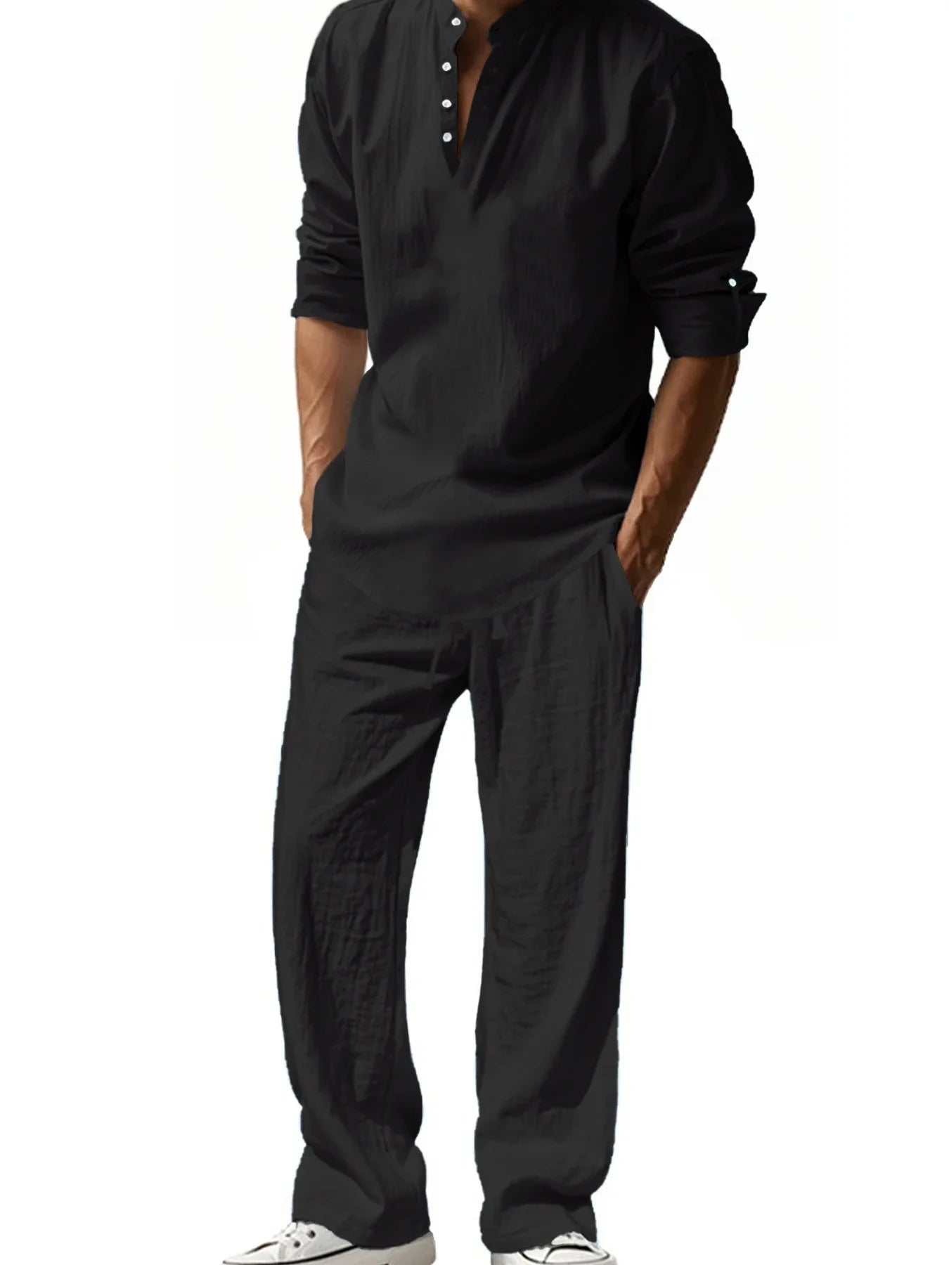 Mens Henley Cotton/Linen Shirts, Long Sleeve,  Lightweight T-Shirts.  Breathable Streetwear,  Solid Colors,  Business Button, Polo T-Shirts