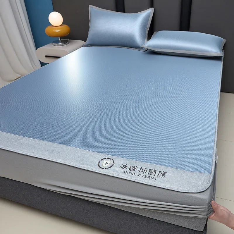 Fitted Cooling Summer Mat 3pcs Set Fitted Sheets, Cool Mattress Cover + 2 Pillowcases Soft Breathable Washable for AC Room