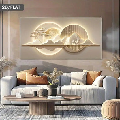 One oversized modern abstract gold moon and gable art piece - minimalist beige, brown, gold and white canvas poster, suitable fo
