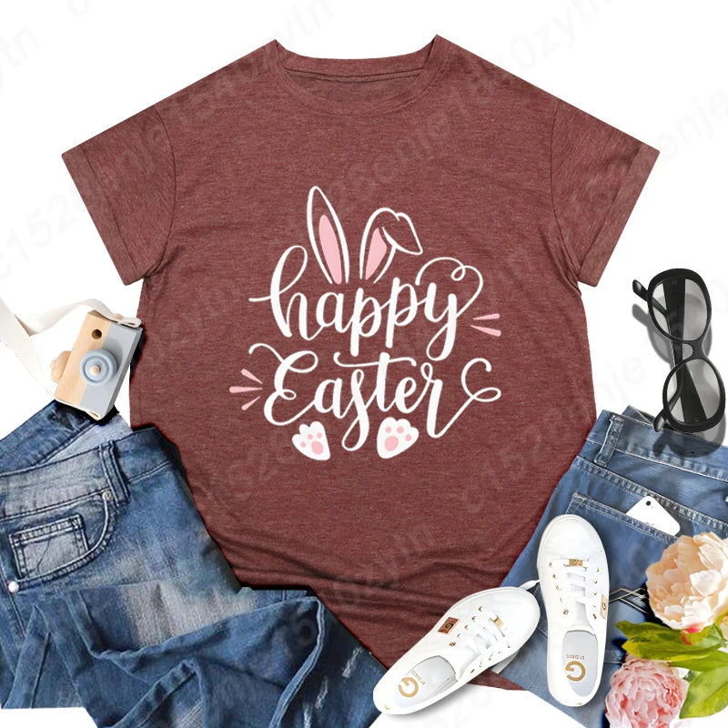 Cute Happy Easter Bunny Print T-Shirts  for Junior Women , Short Sleeve,  Round Neck Tee Shirt Casual,  Soft Summer,  Solid Color T Shirt /Tops