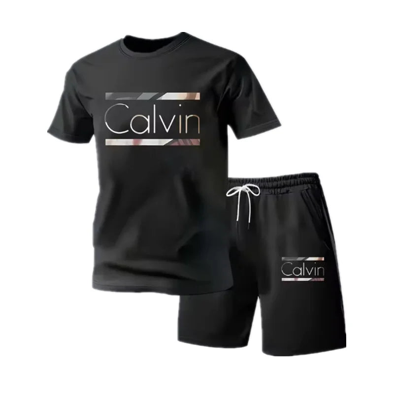 Fashion Casual T-shirt and Shorts,  Two-piece Set,  3D Letter Printing on  Men's Summer Outdoor Wear