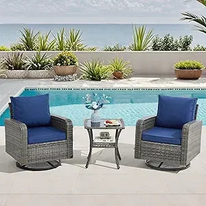3 Piece Patio Set, Outdoor Swivel Chair, Wicker Patio Bistro Set with Side Table for Garden, Porch, Backyard