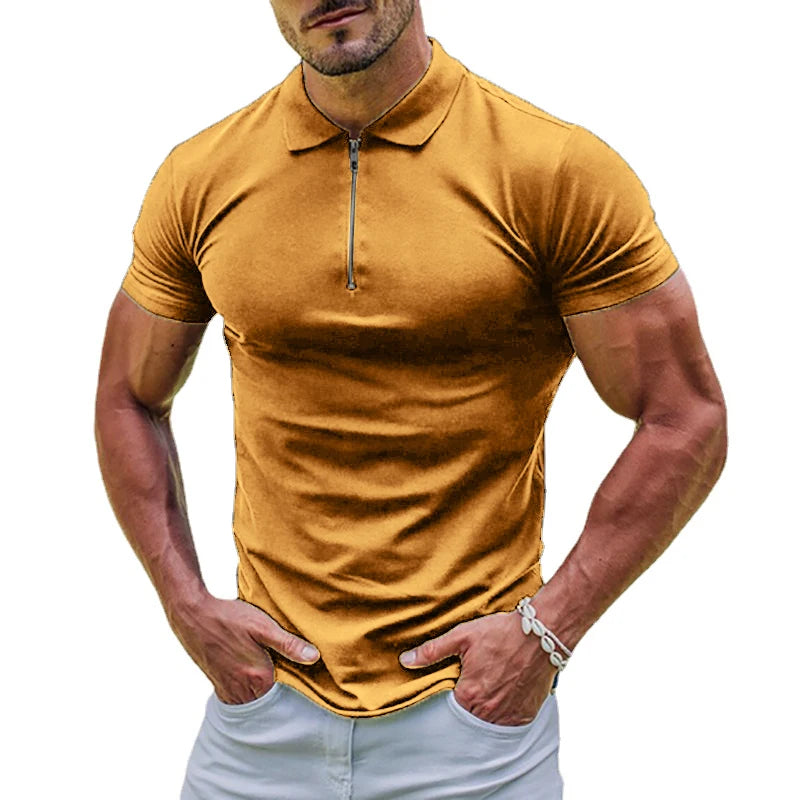 New Elastic Polos Shirts, 11 Solid Colors to pick from. Men's Sports T-shirt  with  Zipper, Short Sleeved Slim T-shirt , Casual, Basic Tops