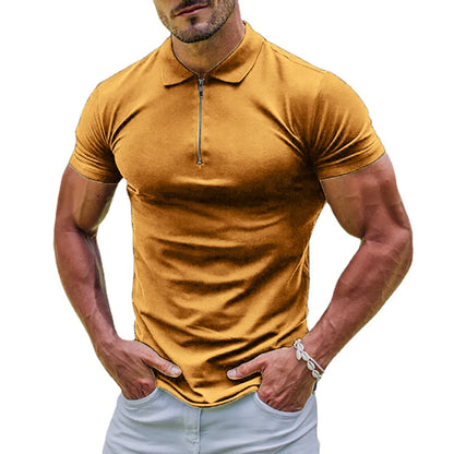 New Elastic Polos Shirts, 11 Solid Colors to pick from. Men's Sports T-shirt  with  Zipper, Short Sleeved Slim T-shirt , Casual, Basic Tops