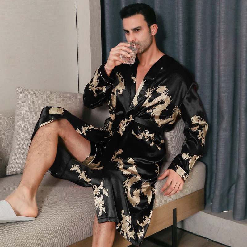 Pajama for  men's spring and autumn wear. Silk,  thin,  style- oversized pajama with long- sleeves.