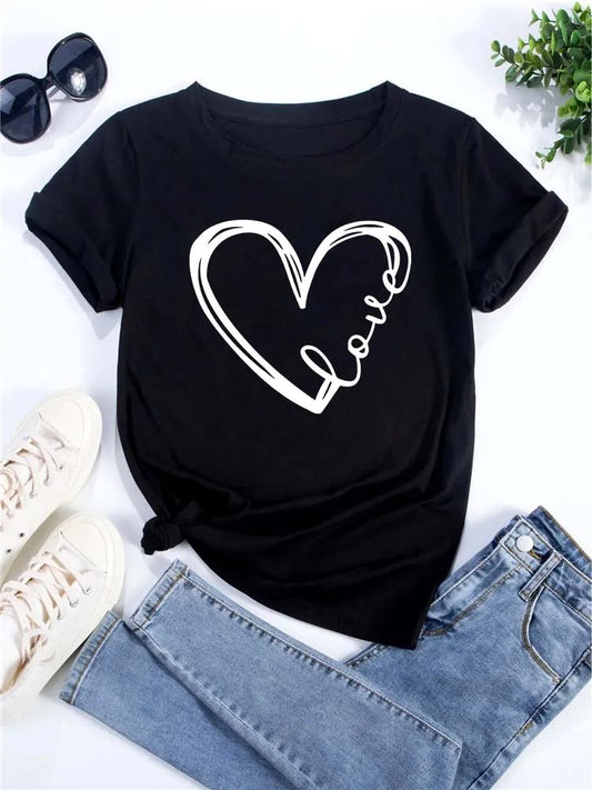 Love Heart Printed Trend,  Womens,Fashion Clothing,  Graphic T-shirts , Female Short Sleeve,Casual Tee