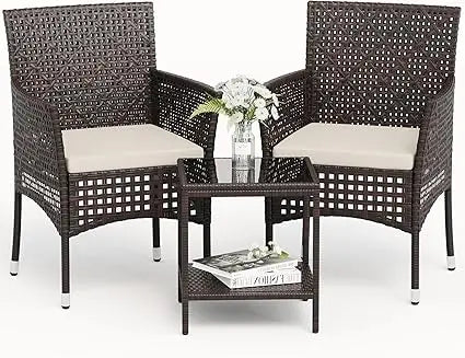 Patio Furniture Set 3 Pieces Outdoor Wicker Chairs Set of 2 with Coffee Table for Outside Porch Balcony (Brown)