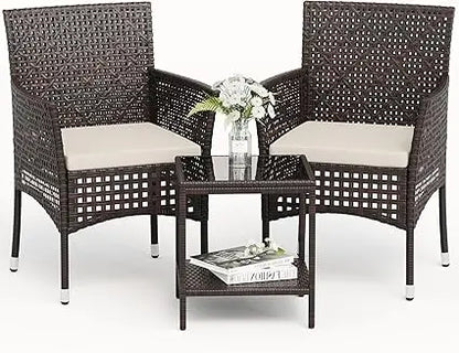 Patio Furniture Set 3 Pieces Outdoor Wicker Chairs Set of 2 with Coffee Table for Outside Porch Balcony (Brown)