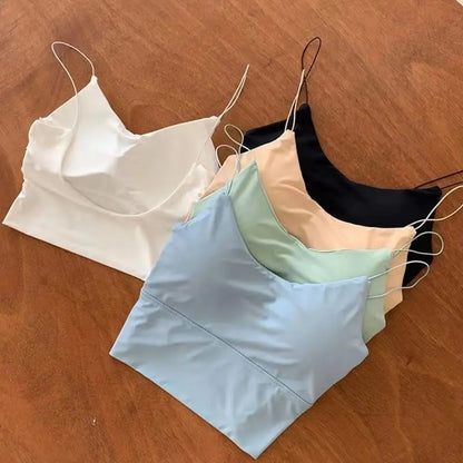 1pc Women Sexy Solid Color Camisole Ice Silk Tube Seamless Sports Tank Top Wireless Underwear Padded Bra Bralette Vest. SKY BLUE is available, one size with slight STRETCH.