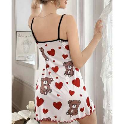 Cute  Summer  Teddy Bear /Hearts Printed Nightgown.  Womens Sleeveless Ruffled Hem Sleep Dress, Loungewear, Sleepwear, Sleeping dress. HAPPY MOTHERS DAY, EVERYONE!