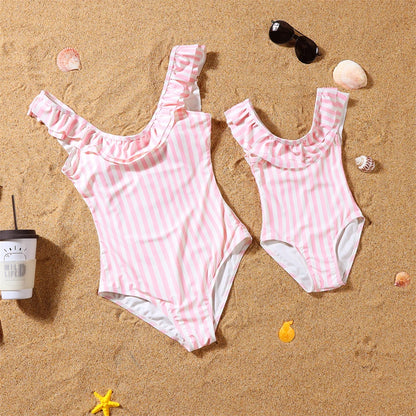 Mother- Daughter Matching Swimwear,  Ruffled and  Striped Mommy and Me Swimsuits.One-Piece Womens/ Girls Dresses