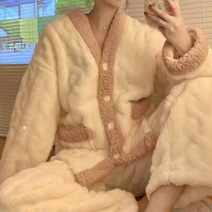Coral Fleece Pajamas Women New Autumn and Winter 2024 Thickened Fleece-lined Graceful Couple Online Celebri Home Wear Set