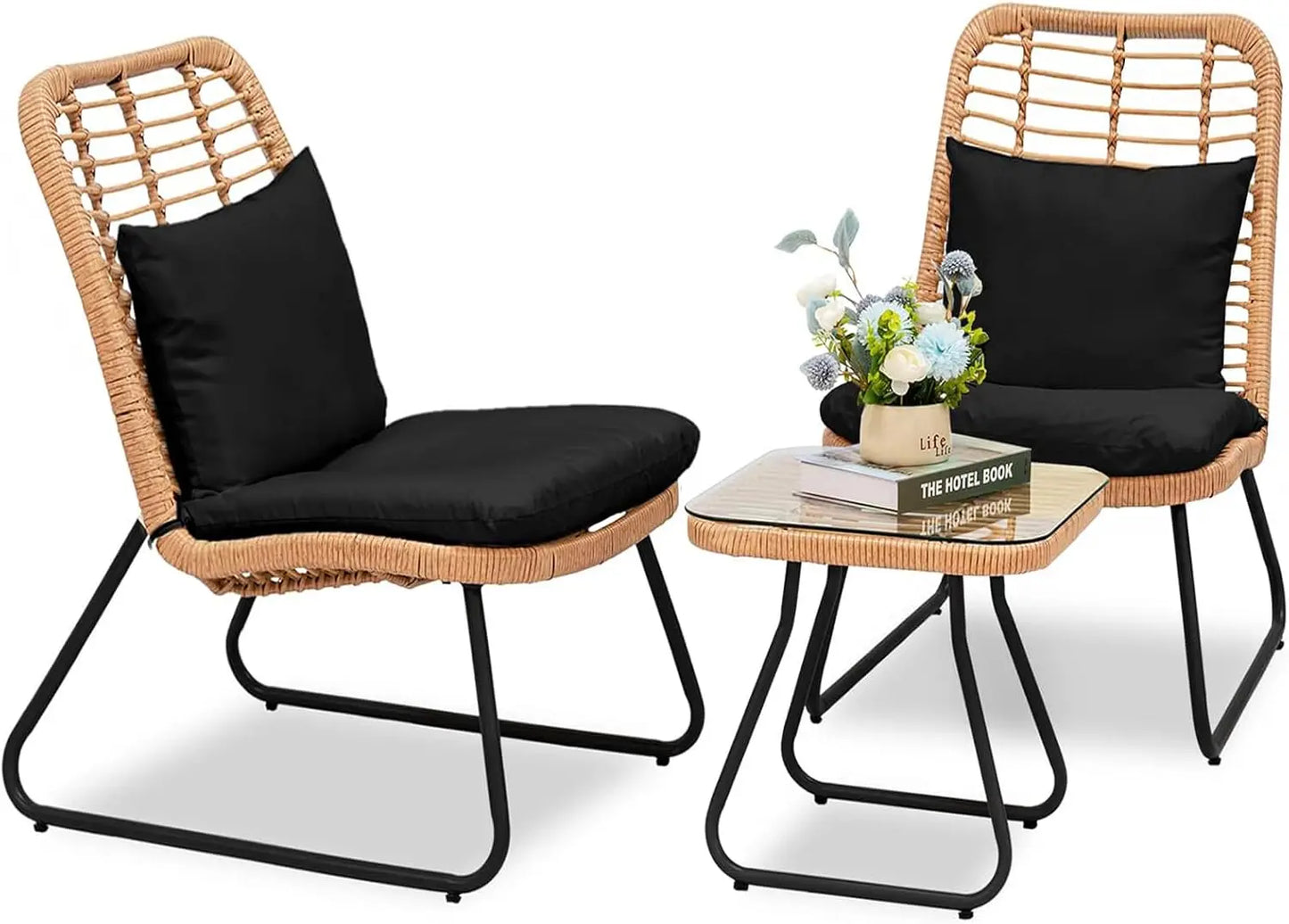 3 Piece Outdoor Wicker Bistro Set, Patio Conversation Sets w/2 Large Rattan Chairs and Tempered Glass Table, Patio Furniture. Small enough for a small porch or Garden Area