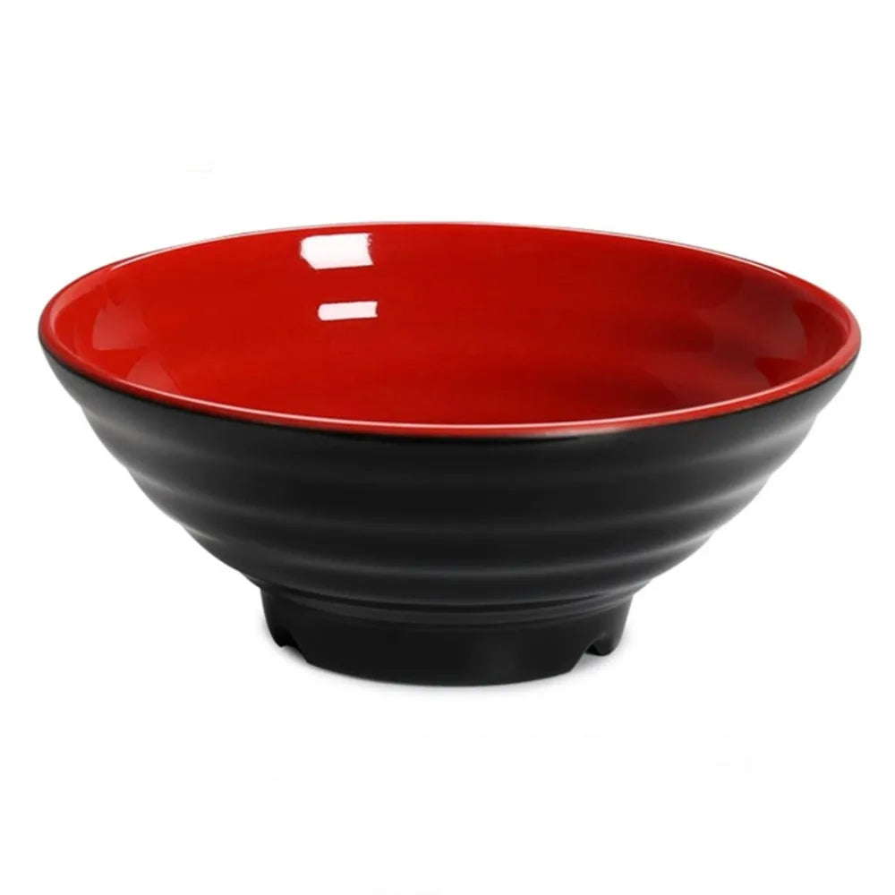 Household Melamine Ramen Bowl  with Red and Black Ring Striped Pattern.  For Fruit, Salad, Soup.   Heat Safe,  Japanese Style Soup Bowl Commercial