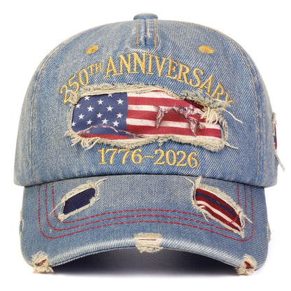 250th Anniversary Commemorative Embroidered Hat Vintage Distressed Baseball Cap,Flat Cap Distressed Ripped Baseball Cap