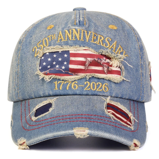 250th Anniversary Commemorative Embroidered Hat Vintage Distressed Baseball Cap,Flat Cap Distressed Ripped Baseball Cap
