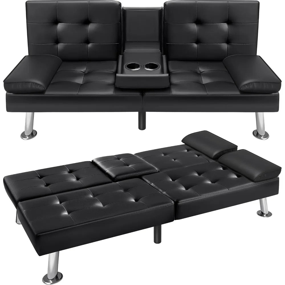 Futon Sofa Bed,  Modern Faux Leather Couch Bed,  Convertible Folding Recliner for Living Room with 2 Cup Holders and Armrest, Black or Brown.