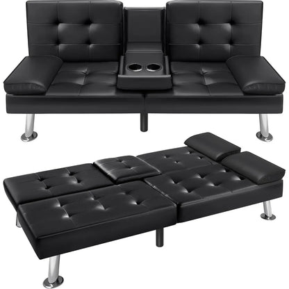Futon Sofa Bed,  Modern Faux Leather Couch Bed,  Convertible Folding Recliner for Living Room with 2 Cup Holders and Armrest, Black or Brown.