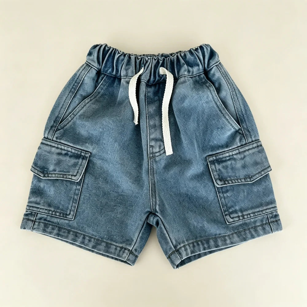 Kids Denim Cargo Shorts, 2-8Y,  Casual Summer Jeans /Bottoms  with Elastic Waistband.  Comfortable Childrens Outdoor Wea.
